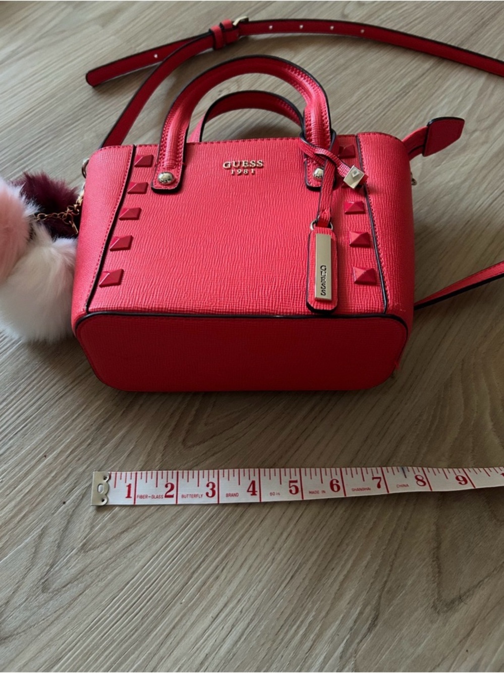 GUESS Kamryn Mini Tote Coral-Red with Pom Pom Charm - Picture 3 of 6
